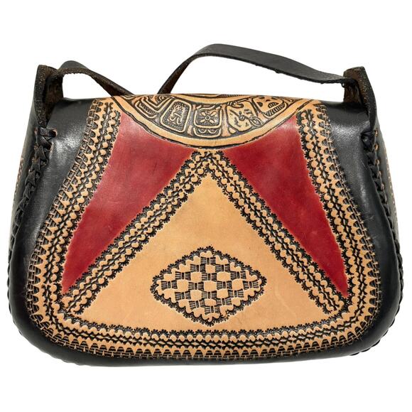 Vintage Leather Crossbody Bag Handmade in Mexico - Red Beige Black - Mint Cond! - Picture 2 of 11